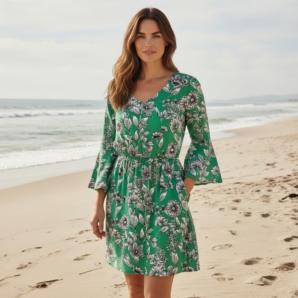 NWOT A New Day Green Floral V-neck Bell Sleeve Mini Dress Women Small Boho